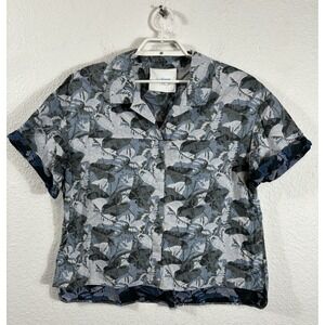 Coup Charmant Shirt Womens Large Blue Gray Leaf Print Button Up Short Sleeve Top